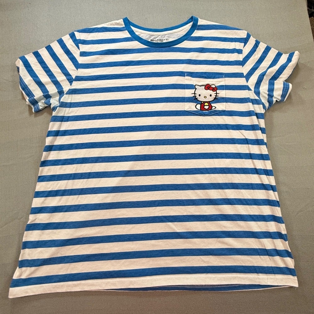 Hello Kitty Sanrio Blue White Striped Pocket T-Shirt XXL Bioworld SIL-34706 2597